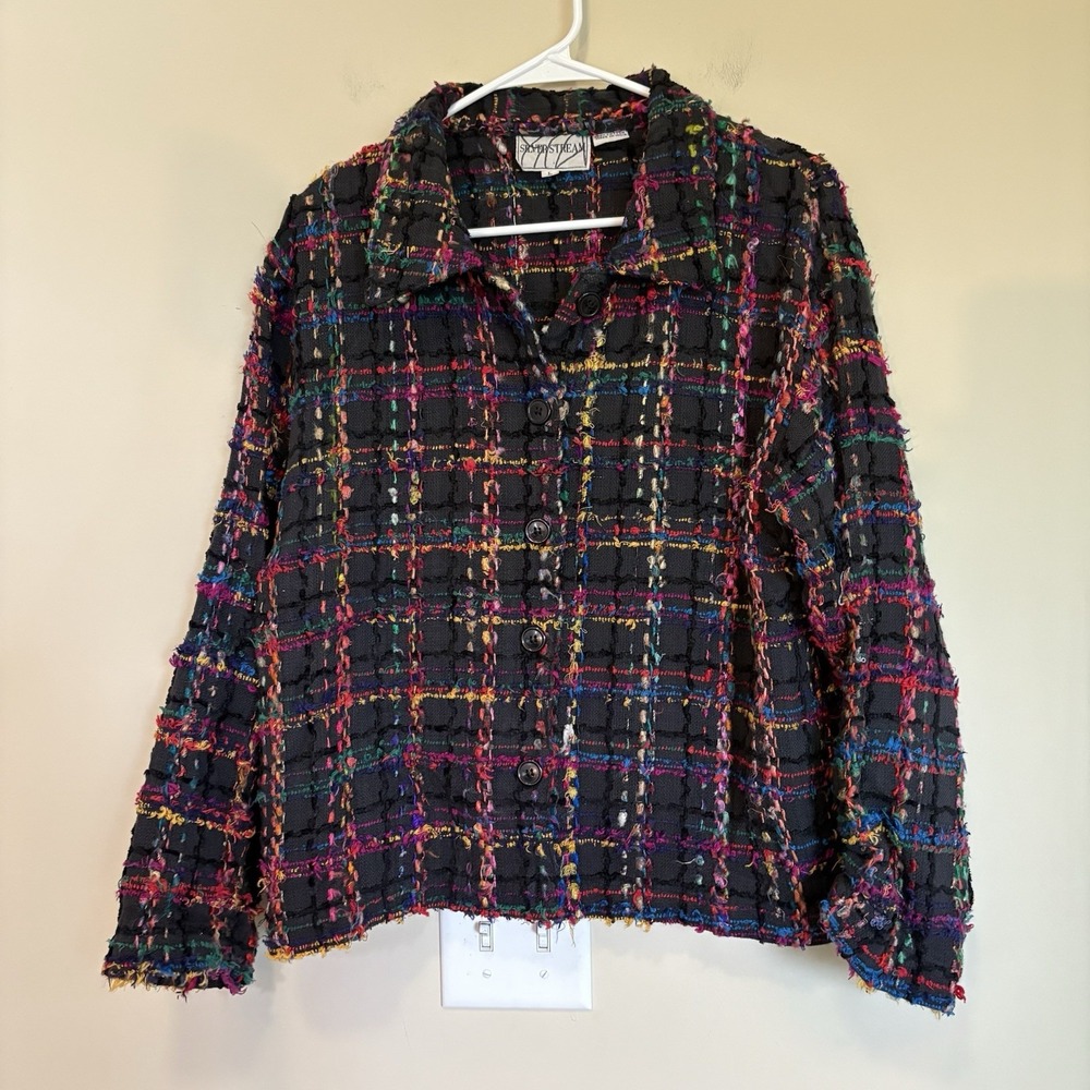 VINTAGE 80s Silver Stream 100% COTTON Jacket Large Black Colorful Tweed‎ Fringe